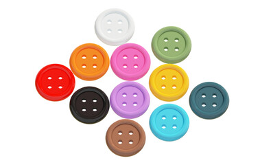 Clothes, shoes and accessories - Closeup Ten buttons of different colors isolated. The worker of paths is presen. 3D render