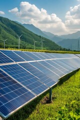 Renewable energy landscape featuring solar panels and wind turbines in a scenic mountain setting