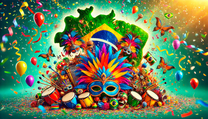 Carnival in Brazil. Map of Brazil with Colorful Festive Elements, Drums, Masks, Confetti, and Decorations, ideal for promotional events, festive decorations and marketing.