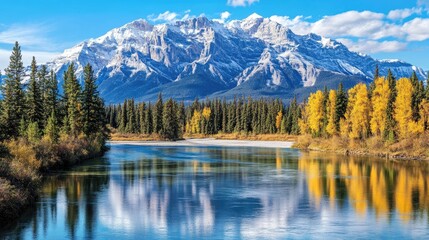 A scenic view of a river flowing through a valley with a snow-capped mountain in the background.  Autumn foliage is visible on the trees along the riverbanks.