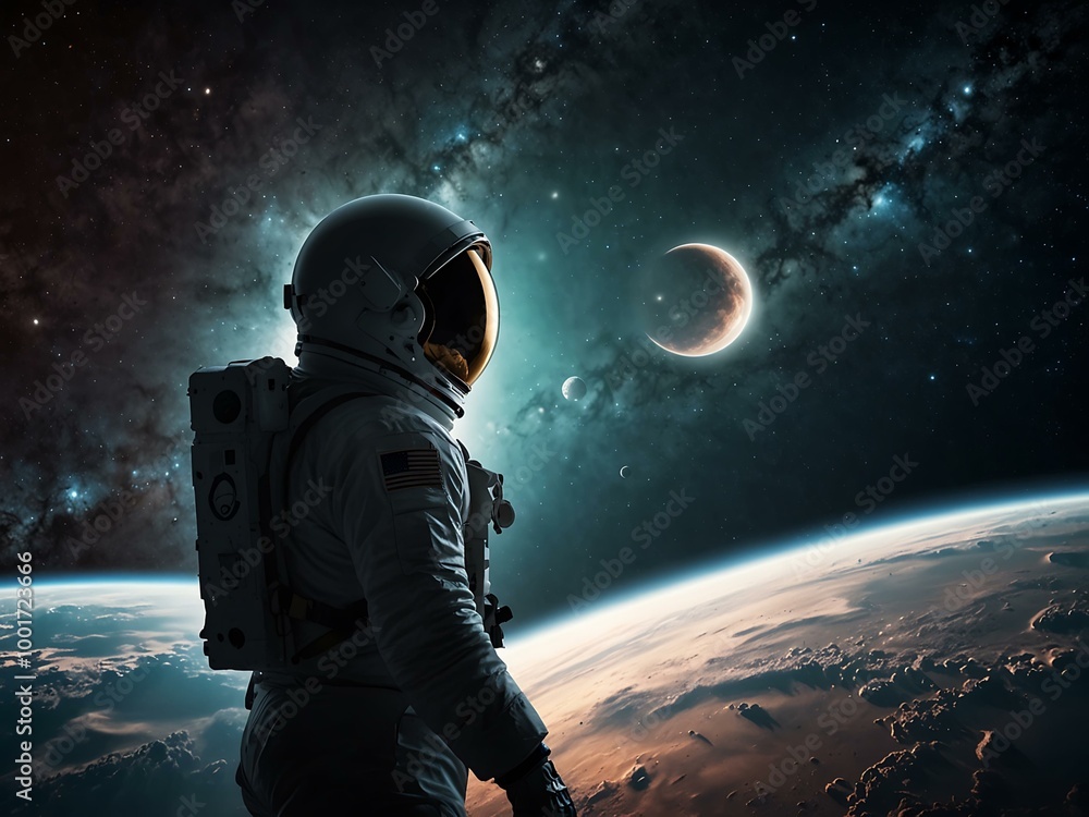 Poster question mark in space with astronauts exploring.