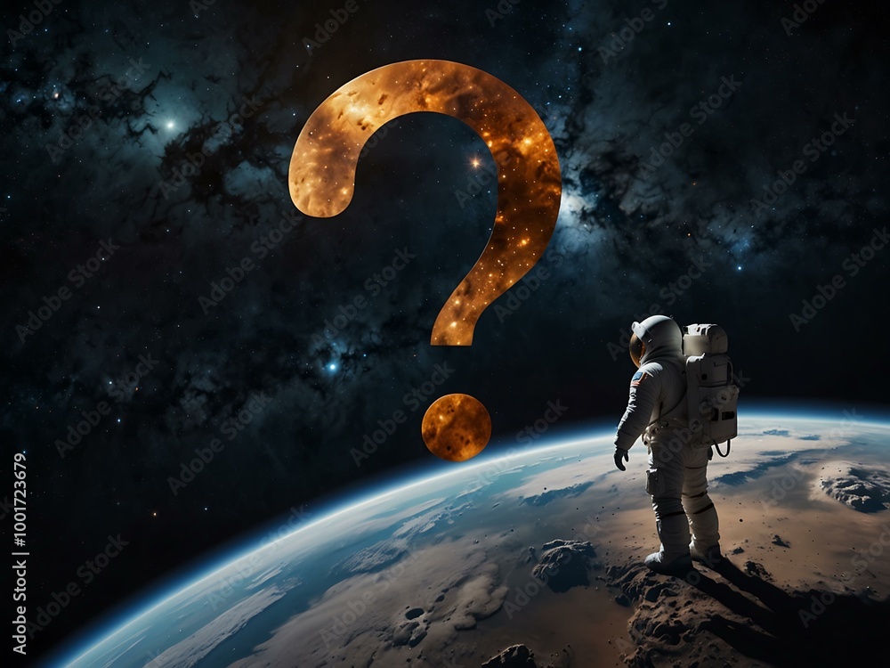 Poster question mark in space with astronauts exploring.