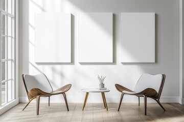 Modern Living Room Interior with Two Empty Canvas Frames on Table