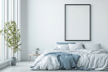 Modern Minimalist Bedroom Design with Panoramic City View and Empty White Wall