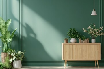 Modern Green Interior Design with Wooden Cabinet and Green Wall
