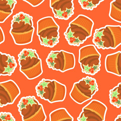 Christmas pattern with cupcake with holly berries. Winter holiday design for greeting card, invitation, cover, calendar, social media posts, menu, fabric, print