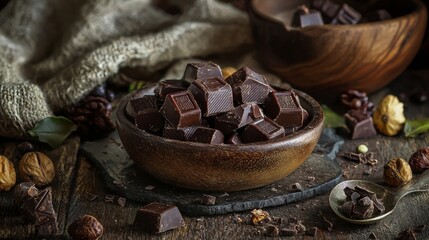 Bowl of dark chocolate chunks on a rustic wooden table