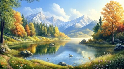 Obraz premium A serene lake nestled amidst snow-capped mountains and lush autumn foliage. A lone duck swims in the calm, reflective water.