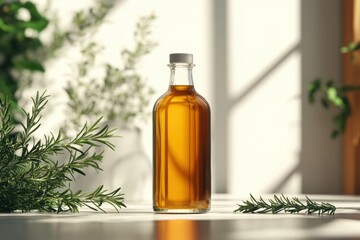 herb oil packaging, a stylish design highlights a bottle of rosemary oil against a simple white background with a hint of greenery