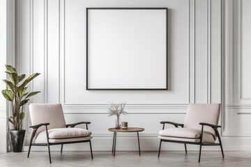 Minimalist Living Room Interior with White Blank Wall and Two Armchairs