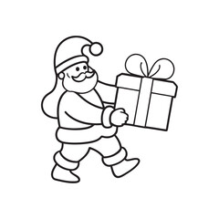 Christmas Santa with gift box line art vector illustration 