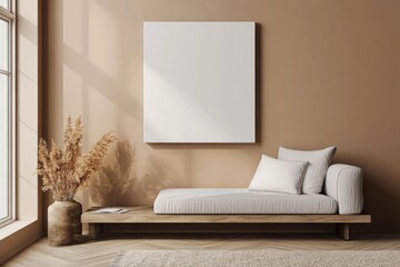 Minimalist Living Room Interior with Stylish Wood Shelf and Empty Canvas Mockup