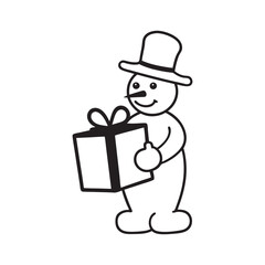 Snowman with gift box line art vector Illustration .