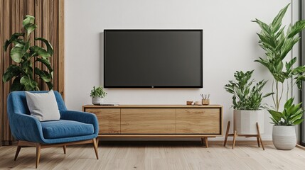 Sleek Modern Living Room with Blue Armchair and Plant beside TV Cabinet