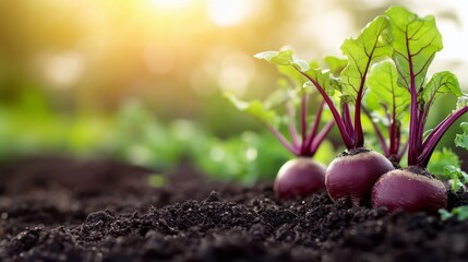 Freshly harvested radishes growing in soft soil under bright sunlight in a garden setting