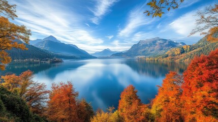 Fototapeta premium A serene mountain lake surrounded by vibrant autumn foliage, reflecting the blue sky and white clouds.
