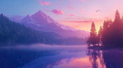 A serene mountain lake with a majestic peak in the background, illuminated by a vibrant sunrise. The water reflects the warm colors of the sky and the surrounding forest.