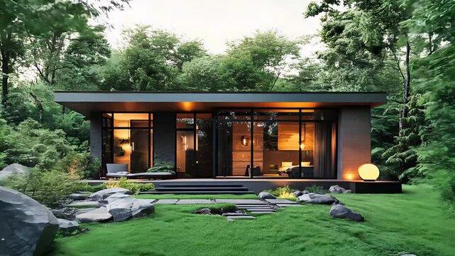 Modern tiny house nestled in the forest, surrounded by lush greenery, offering a minimalist and eco-friendly retreat with nature-inspired architecture and peaceful living