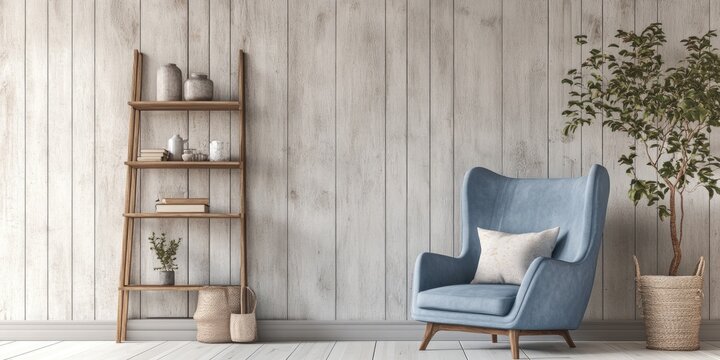 Modern Living Room with Blue Armchair and Stylish Ladder Shelf. Interior Design Concept with Scandinavian Vibes