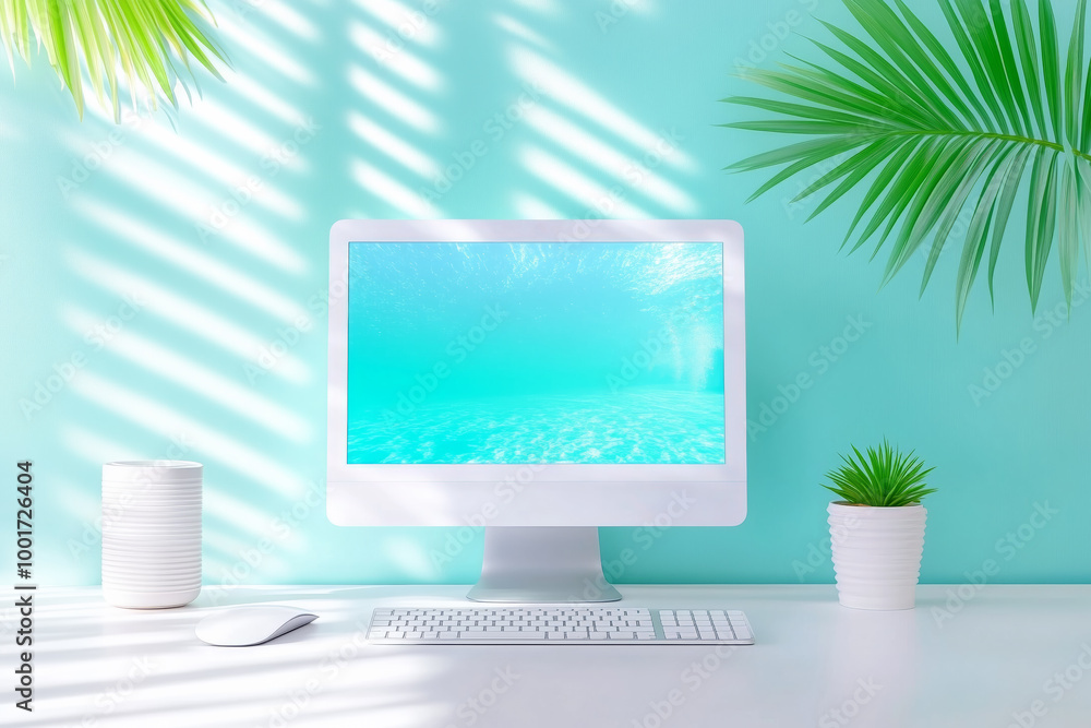 Poster bright workspace with a modern computer setup and tropical decor in a pastel environment