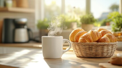Cozy Kitchen with Steaming Mug and Fresh Pastries