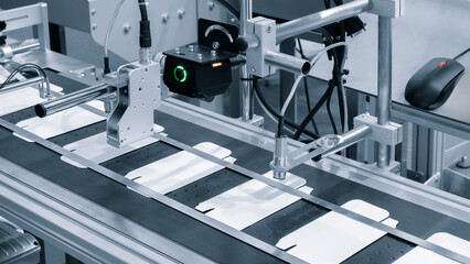 Elements of corton boxes are collected in stack. Conveyor line for the production of boxes. Machine cuts cardboard boxes from sheets of cardboard. Enterprise for the production package.