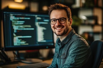 Fototapeta premium Positive Businessman with Laptop and Cyber Security Glasses