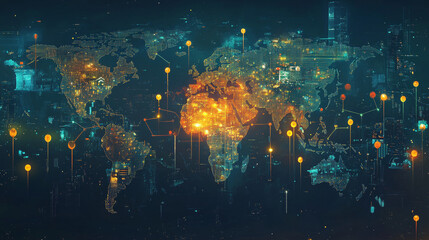 Fototapeta premium Illustrate a world map with markers showing areas of development, such as new infrastructure, renewable energy projects, or technological hubs. 