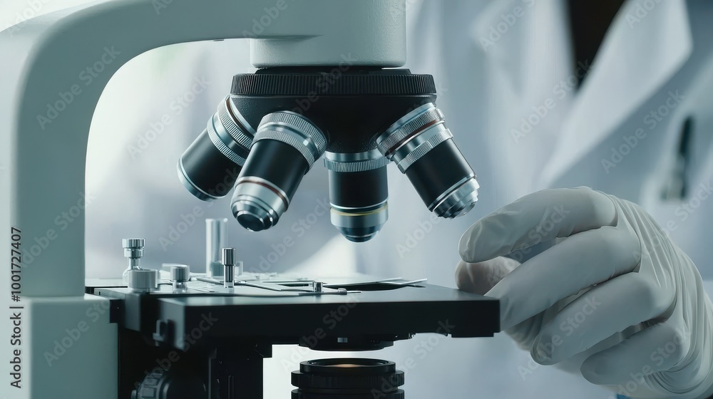 Poster researcher using microscope in a laboratory setting