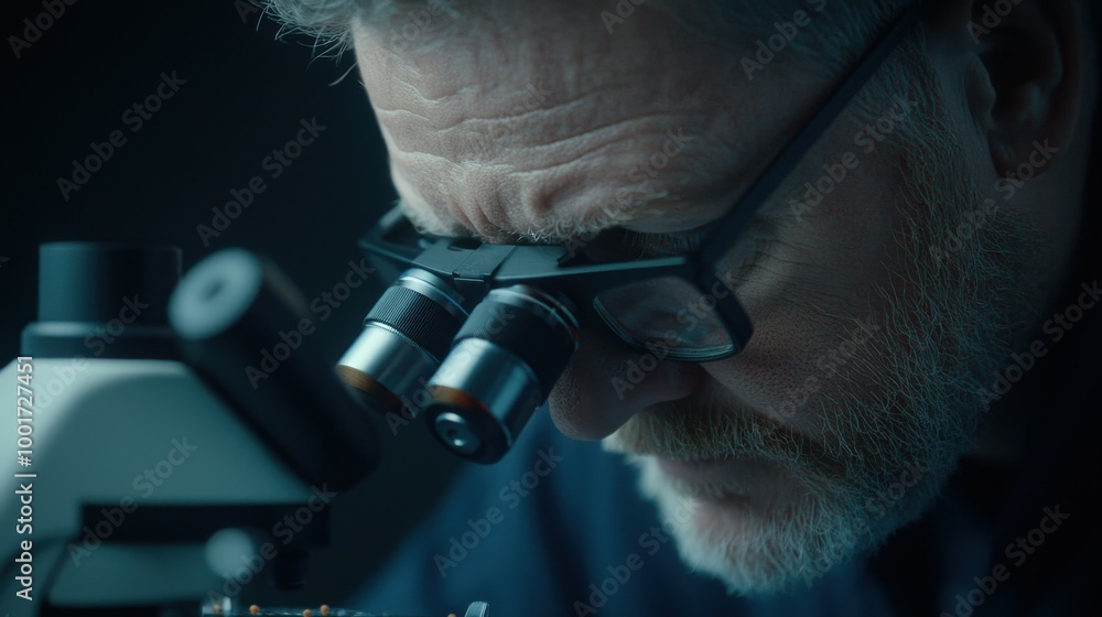 Poster scientist examining samples with precision instruments