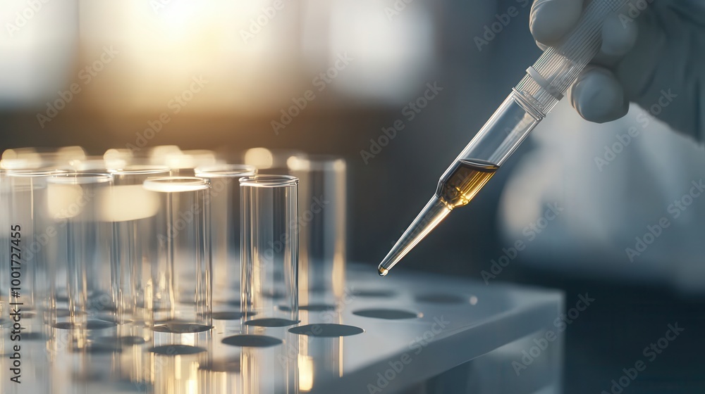 Poster lab technician using pipette in slow motion scene