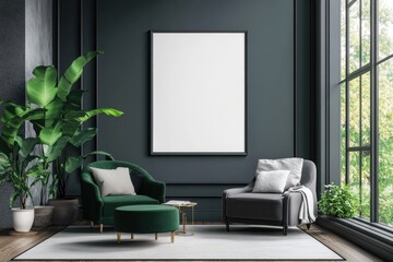 Modern Empty Living Room with Green Accents and Square Frame Design