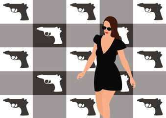 The woman in a black dress in the background of pistols