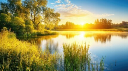A serene sunrise over a still lake, casting a warm glow over the water and surrounding trees. 