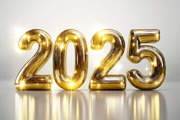 Golden Reflective 2025 Numbers on Clean White Background for New Year Celebration, Symbolizing Future Success, Fresh Beginnings, and Optimism