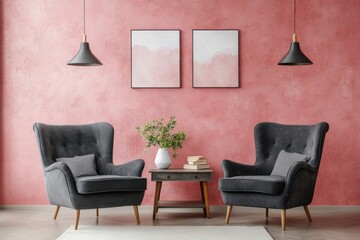 Minimalist Living Room Interior with Pink Accents and Modern Furniture