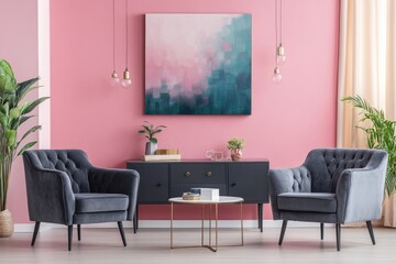 Modern Living Room Interior with Pink Accent, Grey Armchairs, and Stylish Console Table