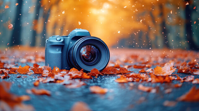 DSLR camera placed on an autumn leaf-covered road, focusing on nature's beauty, creating a sense of creativity and photography.