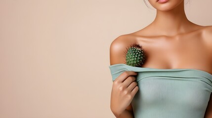 Woman holding cactus isolated on beige background. Concept of depilation or waxing procedure. Body and skin care. Waxing or laser hair removal, shaving. Banner with copy space