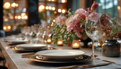 An elegant restaurant for corporate events with exquisite table settings and ambient lighting, a professional and high-class atmosphere.
