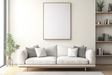 Contemporary Living Room with Minimalist Design and Empty Canvas Poster
