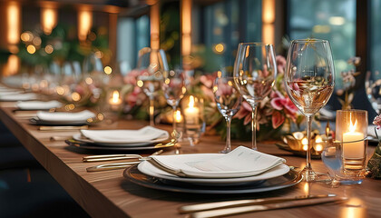 An elegant restaurant for corporate events with exquisite table settings and ambient lighting, a professional and high-class atmosphere.