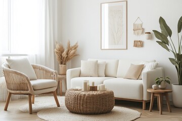 Obraz premium Modern Living Room Interior Design with Armchair, Table, and Decor in Cream Tones