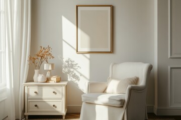 Fototapeta premium Contemporary Guest Room Interior with Armchair and Gallery Wall