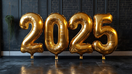 Golden 2025 Balloon Numbers on Dark Background for Elegant and Festive New Year Party Decoration, Symbolizing Celebration, Luxury, and Future Hopes