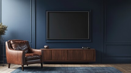 Modern Living Room with Television Cabinet, Leather Armchair, and Empty Dark Blue Wall