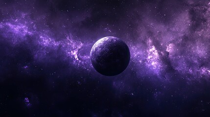 A single planet in a vast expanse of purple nebulae, stars scattered throughout the night sky.