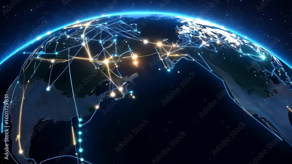 Poster global network connections on earth. 3d animation. global data exchange and internet concept. artifi