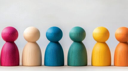 Colorful wooden figures arranged in a row showcasing diversity on a neutral backdrop