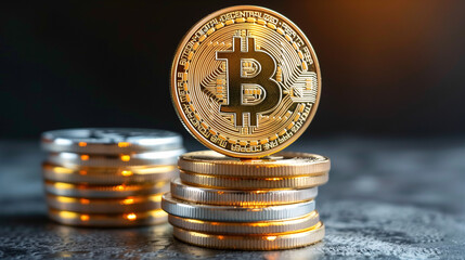 Bitcoin cryptocurrency coins stacked on dark background
